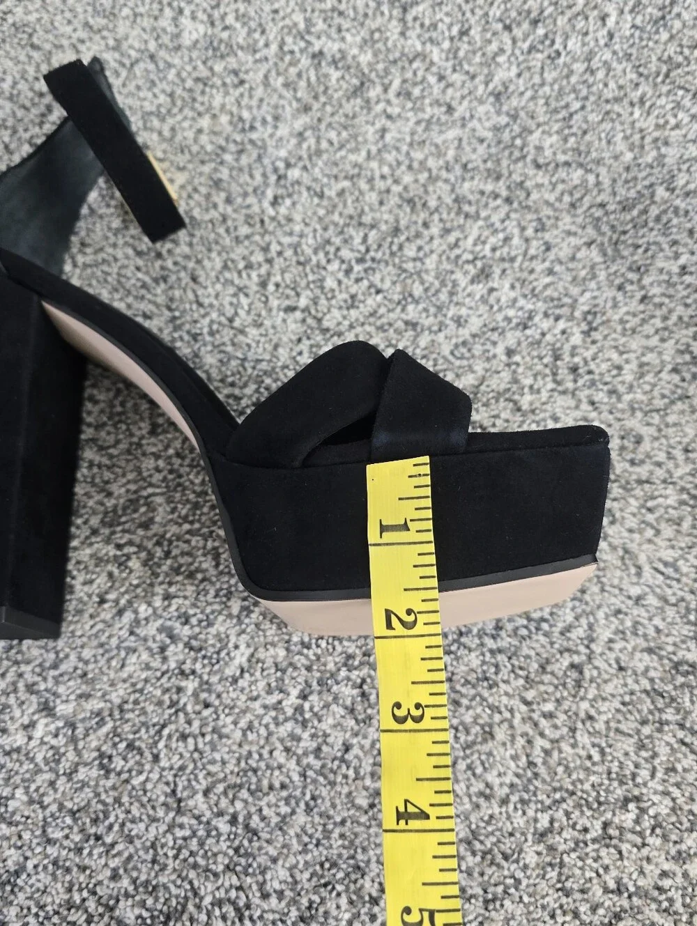 Good American Black Suede Square Toe Platform Ankle Strap Heels